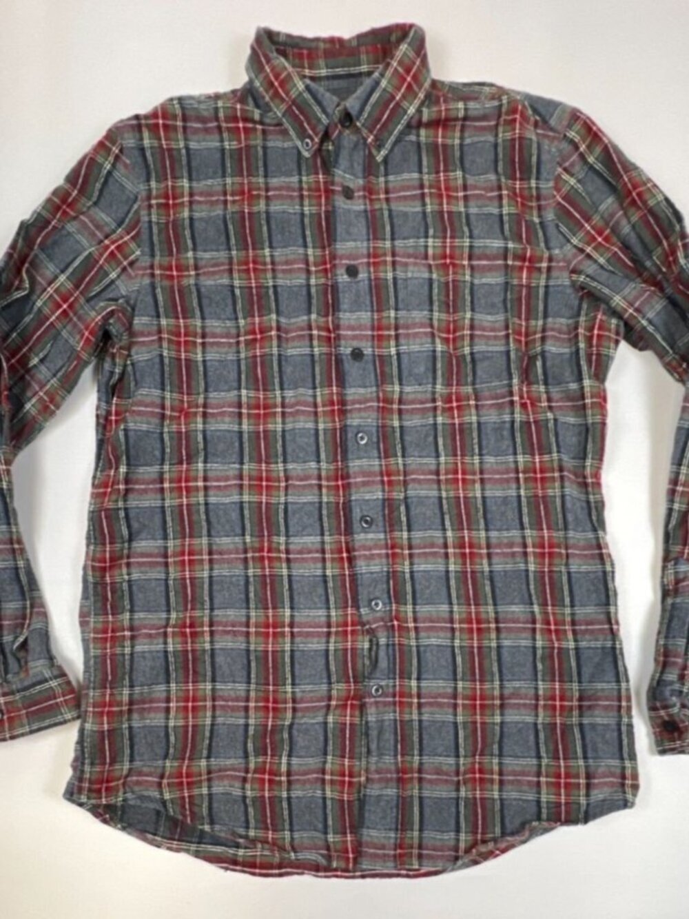 L.L. Bean Men Medium M Tall Grey Red Plaid Slightly Fitted Cotton Flannel Shirt